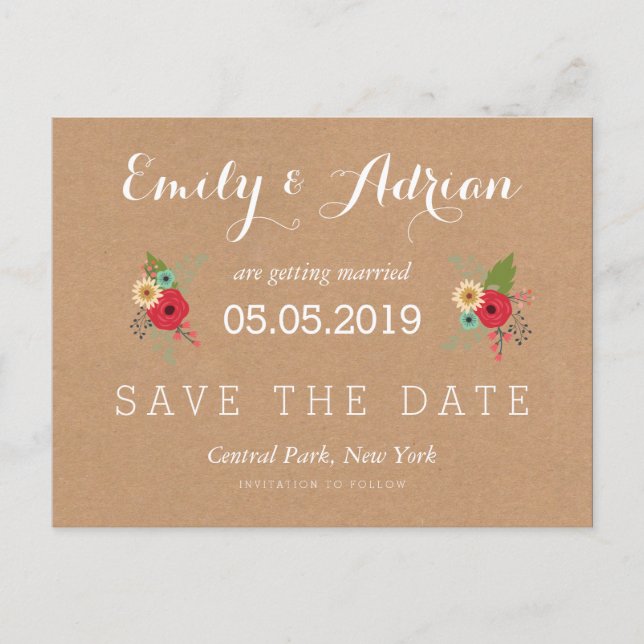 Floral Accents Kraft Save the Date Postcards (Front)