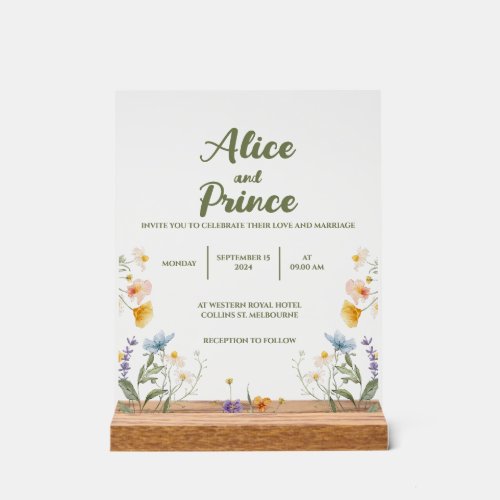 Floral acrylic wedding sign with wood stand