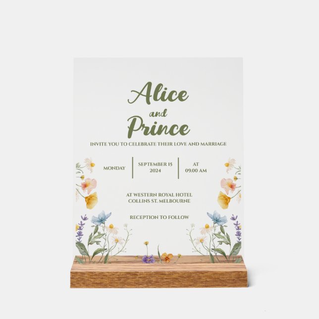 Floral acrylic wedding sign with wood stand (Front)