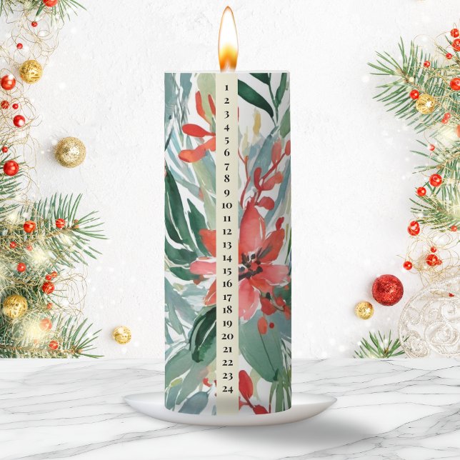 Floral Advent Candle 1st December to Christmas Eve (A beautiful Advent candle patterned with red poinsettias and green leaves. Traditional numbers 1-24)
