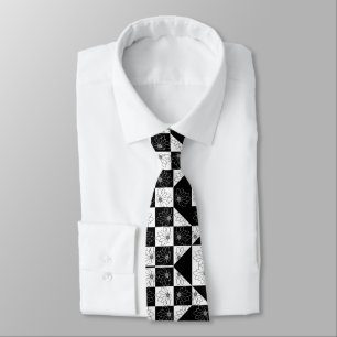 Floral Aesthetic Black & White Checkered Pattern Neck Tie