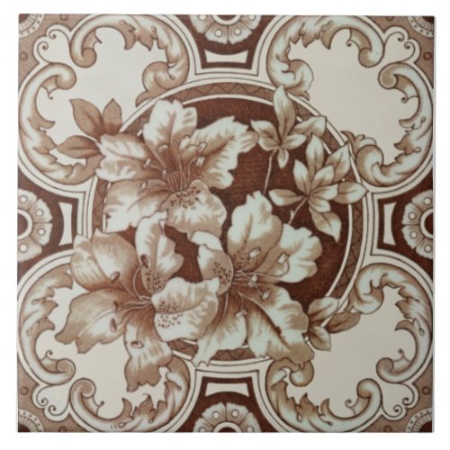 Floral Aesthetic Victorian Brown Beige Cream Repro Ceramic Tile