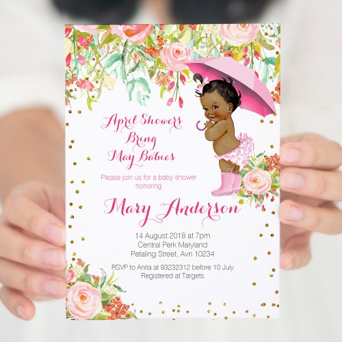 Floral African American April Showers Baby Shower Invitation