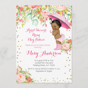 Floral African American April Showers Baby Shower Invitation