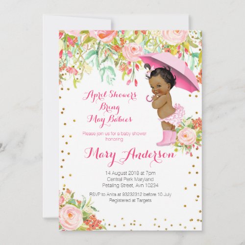 Floral African American April Showers Baby Shower Invitation