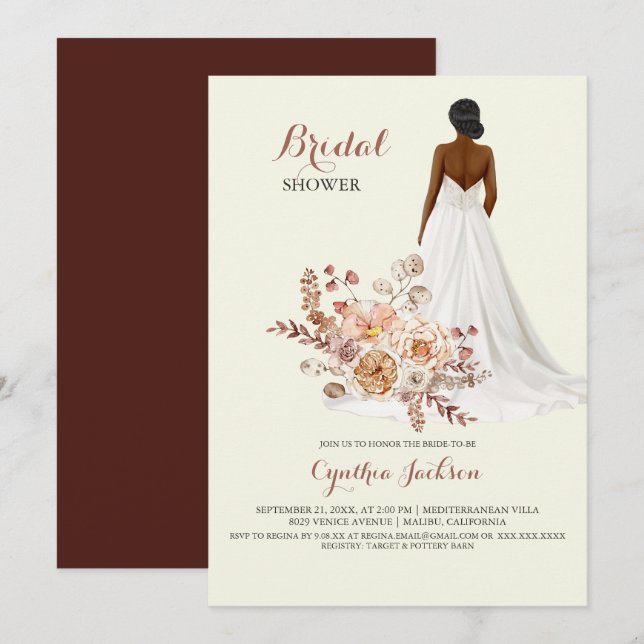 Floral African American Bride Wedding Shower Invitation (Front/Back)