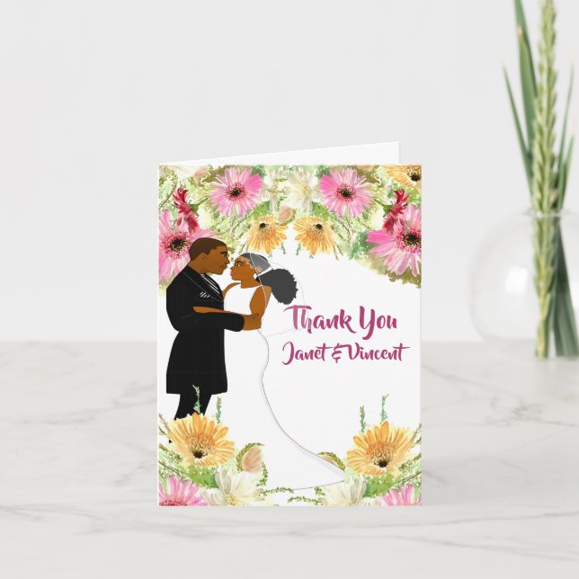 Floral African American Wedding Thank You  Card (Front)