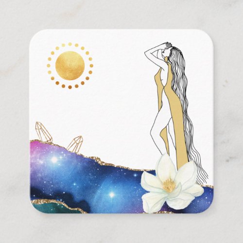  Floral Agate Crystals Cosmic Gold Goddess  Squ Square Business Card