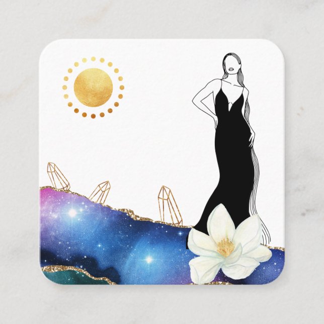 *~* Floral Agate Crystals Cosmic Modern Goddess  Square Business Card (Front)