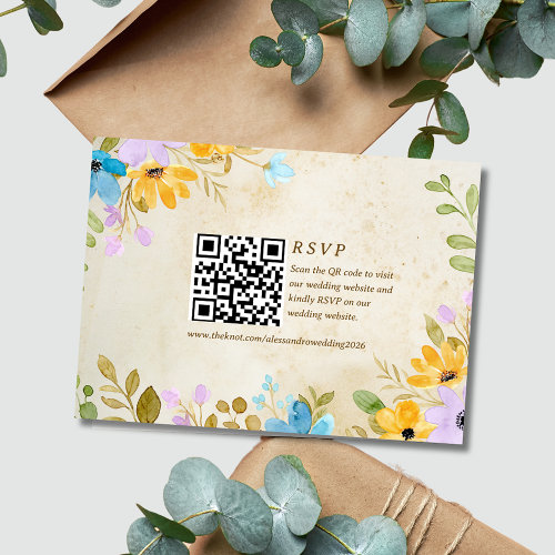 Floral Aged Rustic Wedding RSVP QR Code Enclosure Card