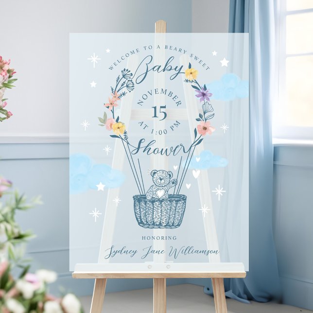 Floral Air Balloon Teddy Bear Blue Baby Shower Acrylic Sign (Floral Air Balloon Teddy Bear Blue Baby Shower Acrylic Sign)