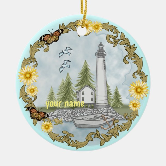 Floral Alabama Lighthouse Ceramic Ornament (Front)