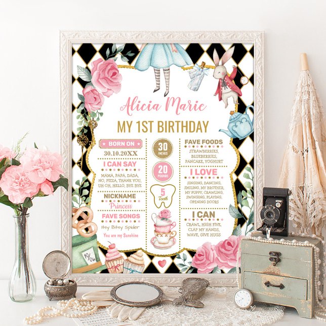 Floral Alice in Wonderland 1st Birthday Milestone Poster (Creator Uploaded)