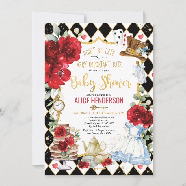 Floral Alice in Wonderland Tea Party Baby Shower Invitation (Front)