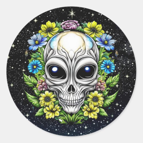 Floral Alien Skull Extraterrestrial AI Art Classic Round Sticker