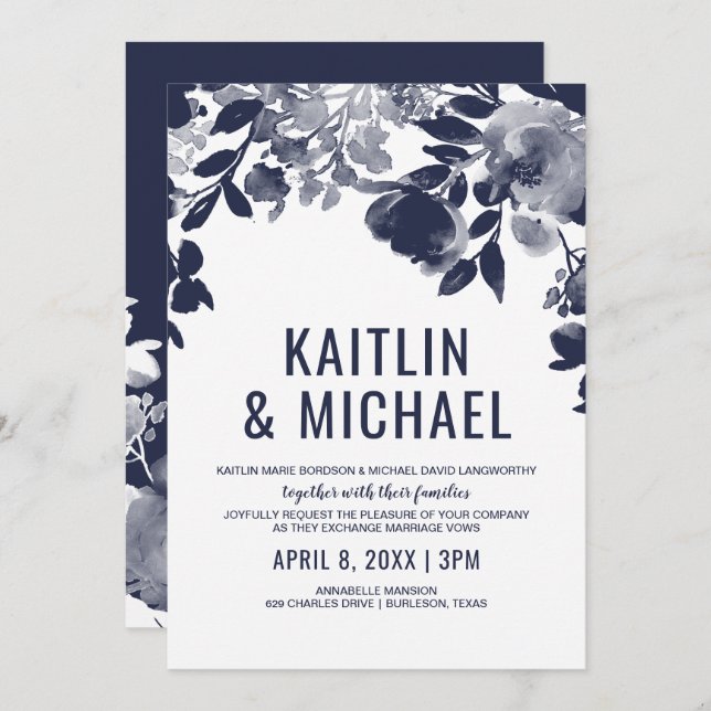 Floral All in One Wedding Invitation (Navy Blue) (Front/Back)