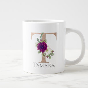 Floral Alphabet custom name letter “ T “ Giant Coffee Mug