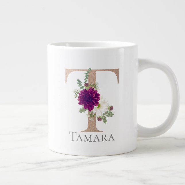 Floral Alphabet custom name letter “ T  “ Giant Coffee Mug (Right)