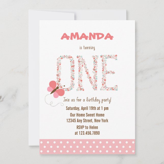 Floral Alphabet Girl First Birthday Invitation (Front)
