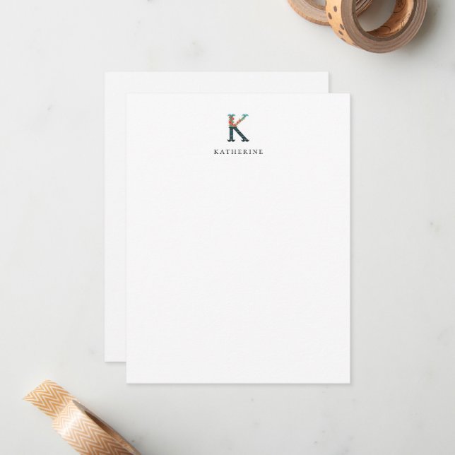 Floral Alphabet - K -  Stationery Note Card (Front/Back In Situ)
