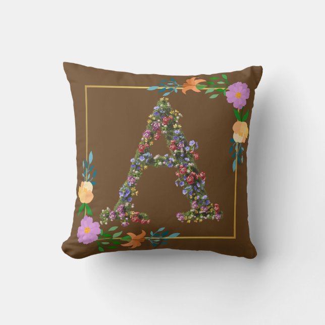 Floral Alphabet Letter A Throw Pillow (Front)