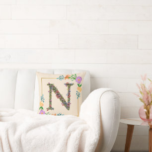 Floral Alphabet Letter N Throw Pillow