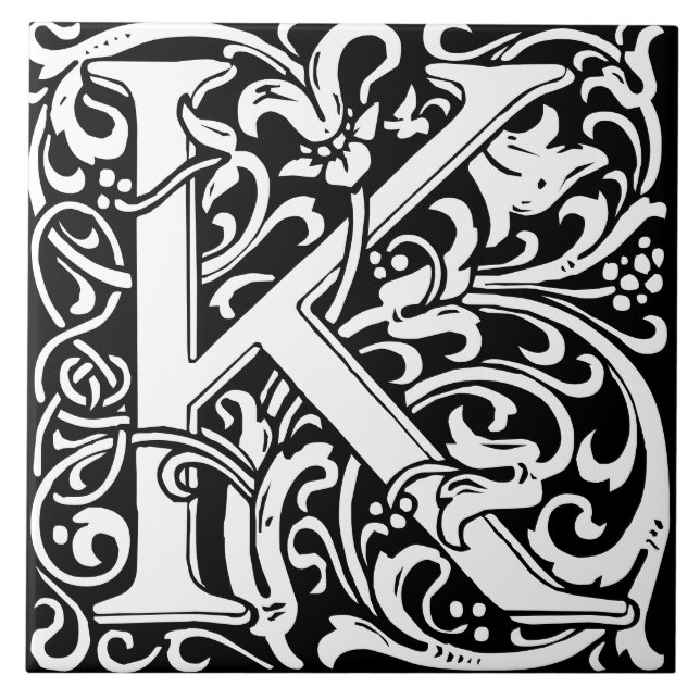 Floral Alphabet Monogram Letter K  Tile (Front)