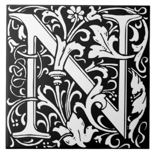 Floral Alphabet Monogram Letter N  Tile