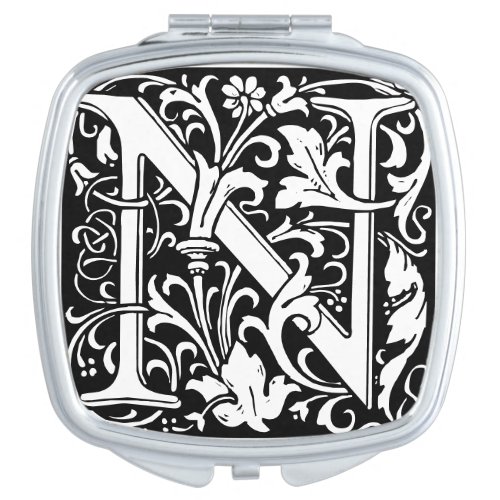 Floral Alphabet Monogram Letter N Tile Morris Compact Mirror