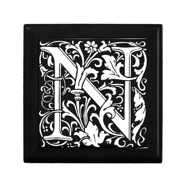 Floral Alphabet Monogram Letter N Tile Morris Gift Box (Front)