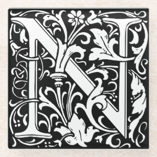 Floral Alphabet Monogram Letter N Tile Morris Glass Coaster
