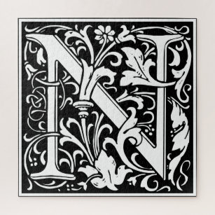 Floral Alphabet Monogram Letter N Tile Morris Jigsaw Puzzle