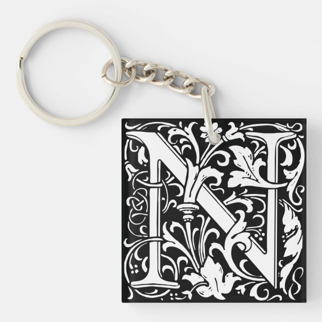 Floral Alphabet Monogram Letter N Tile Morris Keychain (Front)
