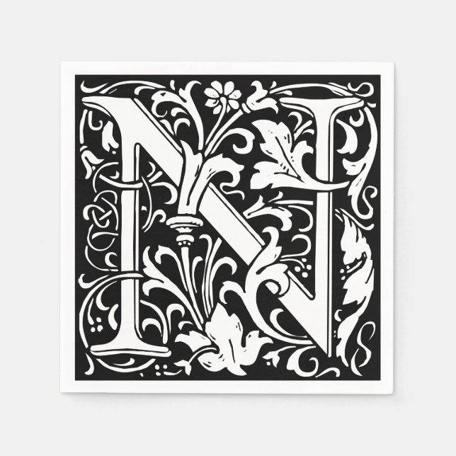 Floral Alphabet Monogram Letter N Tile Morris Napkins (Front)