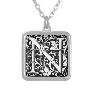 Floral Alphabet Monogram Letter N Tile Morris Silver Plated Necklace