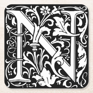 Floral Alphabet Monogram Letter N Tile Morris Square Paper Coaster
