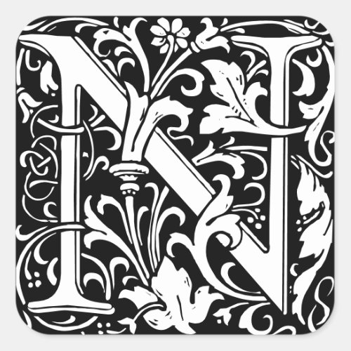 Floral Alphabet Monogram Letter N Tile Morris Square Sticker