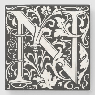 Floral Alphabet Monogram Letter N Tile Morris Stone Coaster