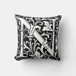 Floral Alphabet Monogram Letter N Tile Morris Throw Pillow