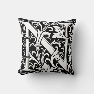 Floral Alphabet Monogram Letter N Tile Morris Throw Pillow