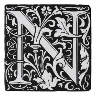 Floral Alphabet Monogram Letter N Tile Morris Trivet