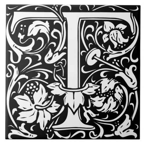 Floral Alphabet Monogram Letter T Tile