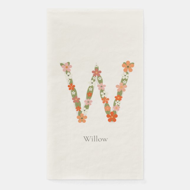Floral Alphabet monogram letter " W” Paper Guest Towels (Front)