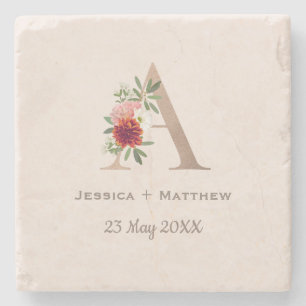 Floral Alphabet Wedding Monogram letter A Stone Coaster
