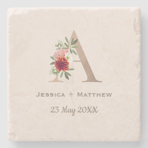 Floral Alphabet Wedding Monogram letter A Stone Coaster