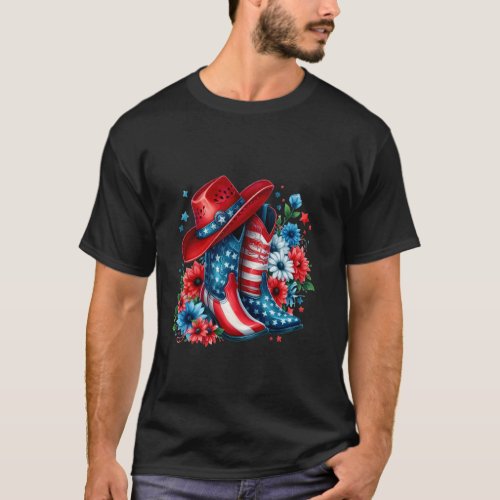 Floral American Flag 4th Of July Patriotic Cowboy T-Shirt