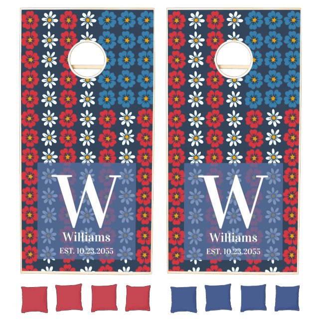 Floral American Flag  Family Monogram Cornhole Set (Set)