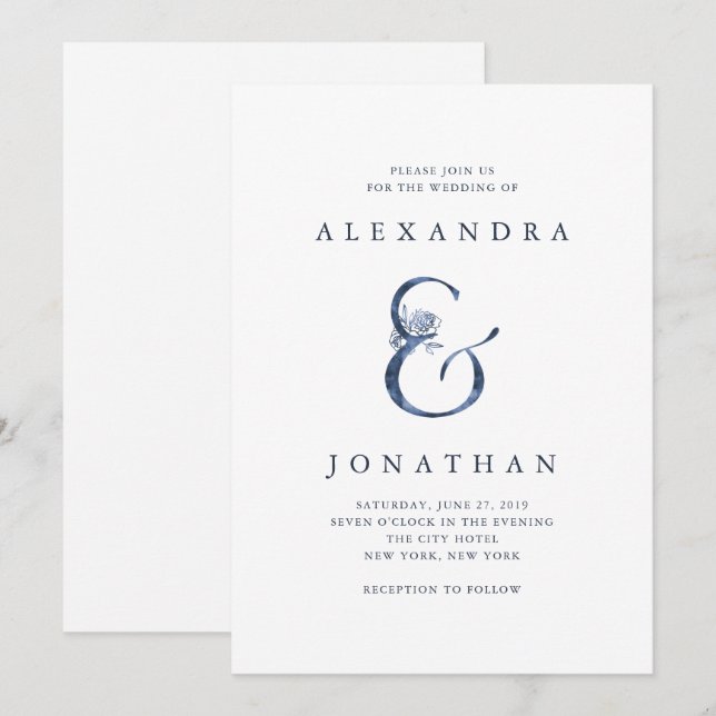 Floral Ampersand | Blue Watercolor Wedding Invitation (Front/Back)