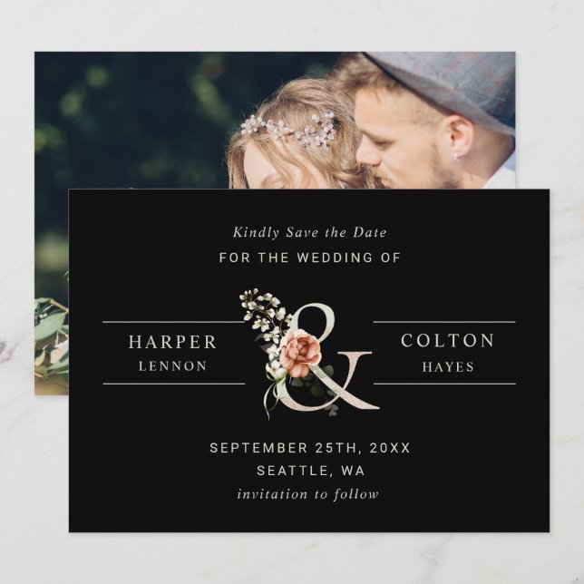 Floral Ampersand Elegant Wedding Black Photo  Save The Date (Front/Back)