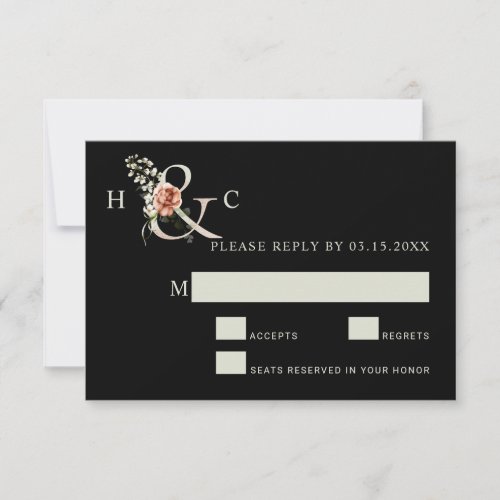Floral Ampersand Elegant Wedding Black RSVP Card